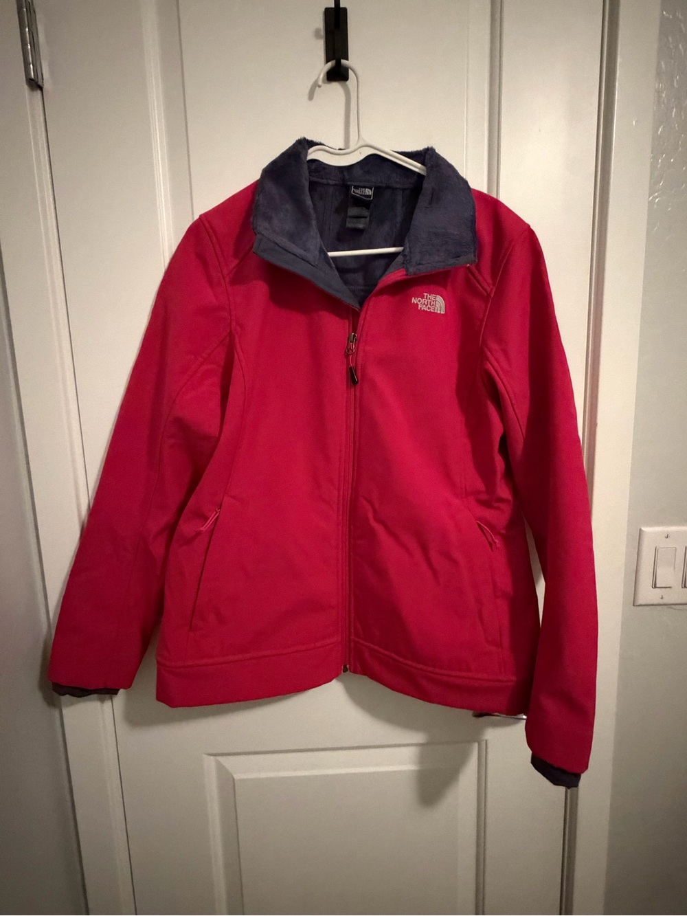 The North Face Women's Red Softshell Jacket with Gray Fleece Collar
